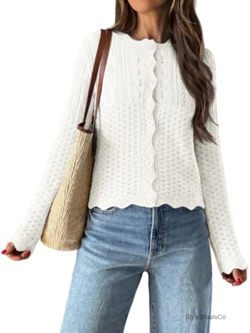 100% Cotton Crochet Cardigan Lightweight Knit Button Down Bolero Sweater